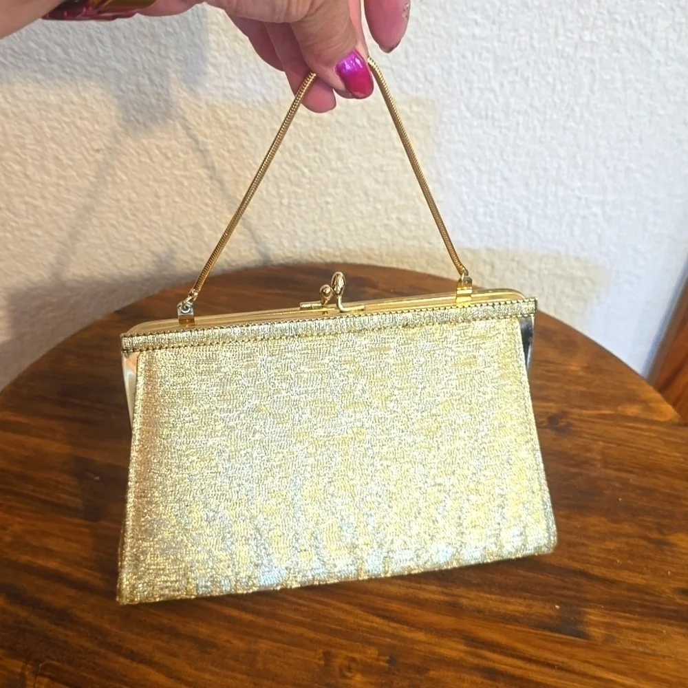 Vintage Gold Metallic Fabric Clutch Short strap Wristlet Retro PARTY Dance